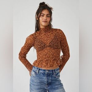 FREE‎ PEOPLE Sheer Leopard Print Smocked Long Sleeve Top Mock Neck Size XS New